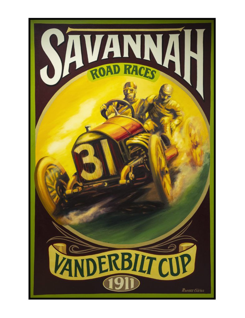©Robert Carter, Savannah Road Races, 2021, oil on canvas, 48x72, Savoy Automobile Museum Collection